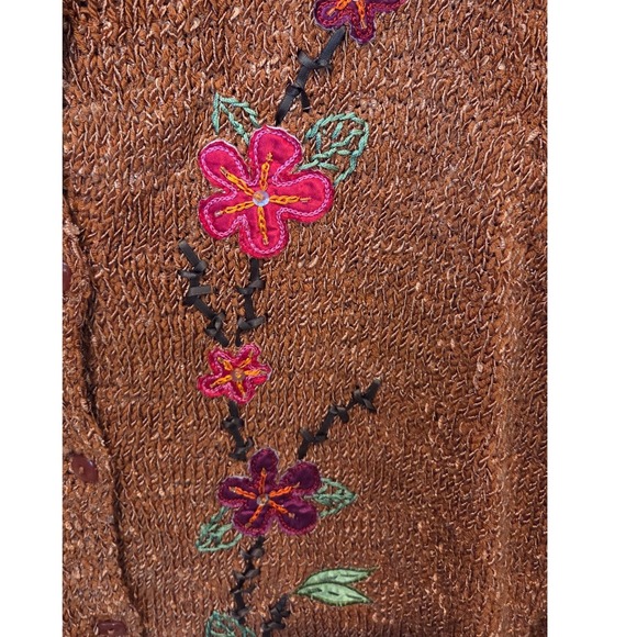 Rust Brown Floral Embroidered Knit Cardigan Boho Fall Vintage Vibe Size Medium - Picture 7 of 8